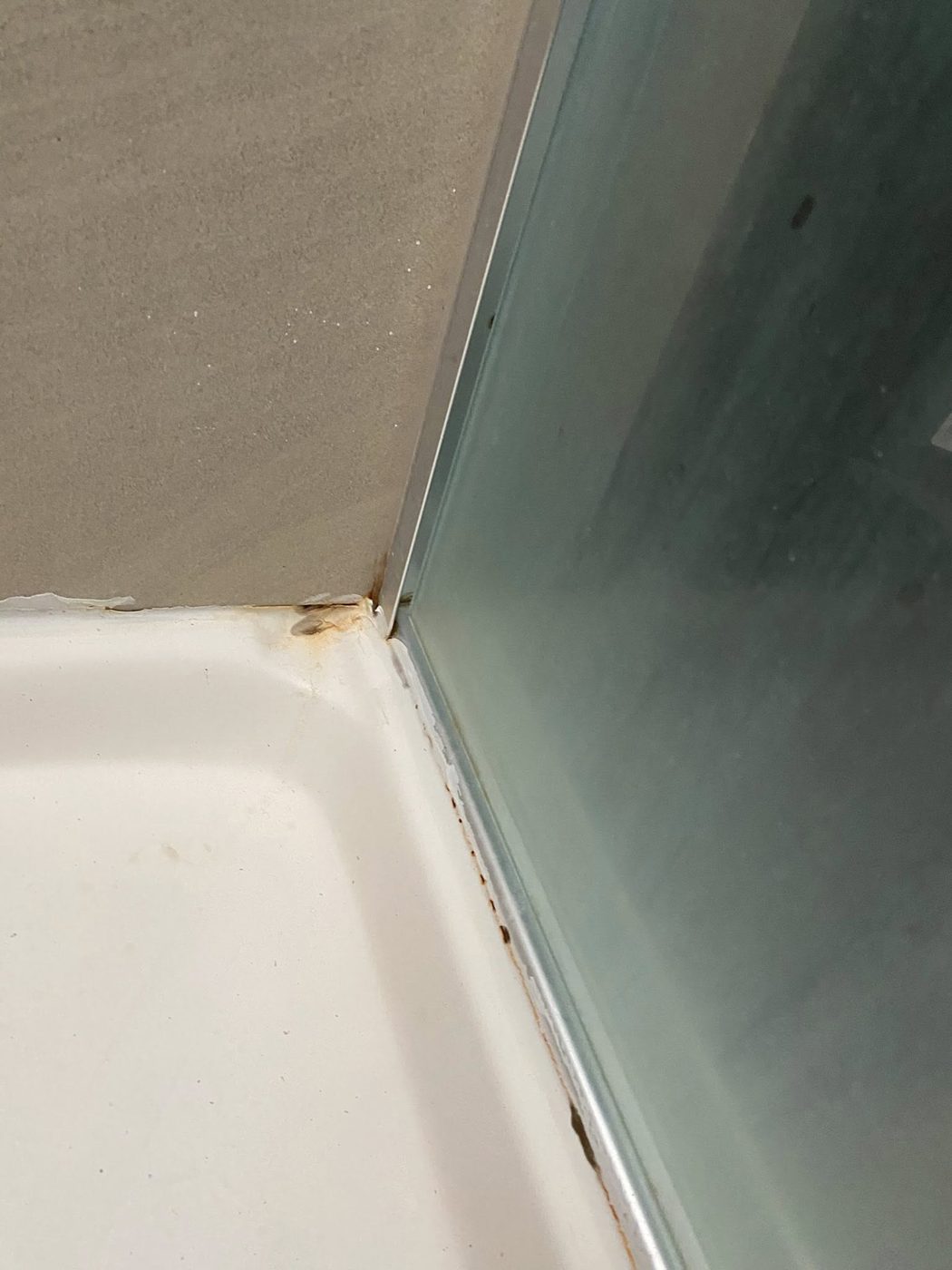 Mildewed shower corner before repair